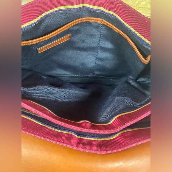 Brooks Brothers Brown Leather Red Multi Striped Fabric Crossbody Bag Purse - Picture 13 of 16